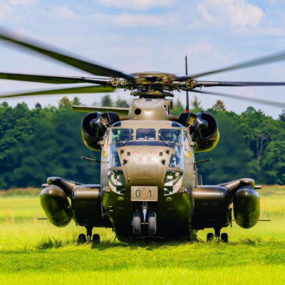 A German Army Sikorsky CH-53 lifts from a field landing. From Instagram user aviation_jb